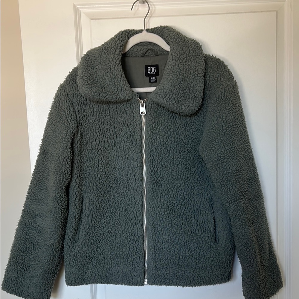 Urban Outfitters Green Teddy Jacket Plush Cozy Fit